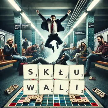 Kreatywna ilustracja do gry w Scrabble ze słowem SKŁUWALI ułożonym z płytek na planszy.