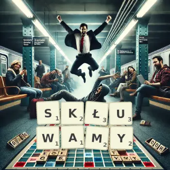 Kreatywna ilustracja do gry w Scrabble ze słowem SKŁUWAMY ułożonym z płytek na planszy.