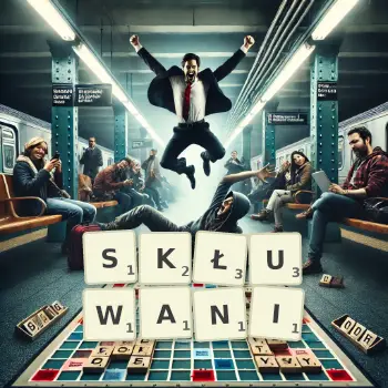 Kreatywna ilustracja do gry w Scrabble ze słowem SKŁUWANI ułożonym z płytek na planszy.