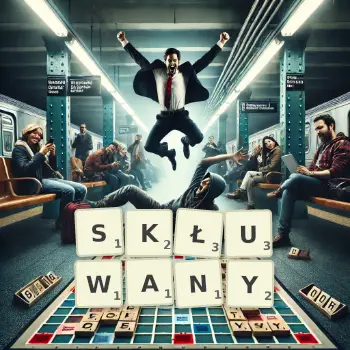 Kreatywna ilustracja do gry w Scrabble ze słowem SKŁUWANY ułożonym z płytek na planszy.