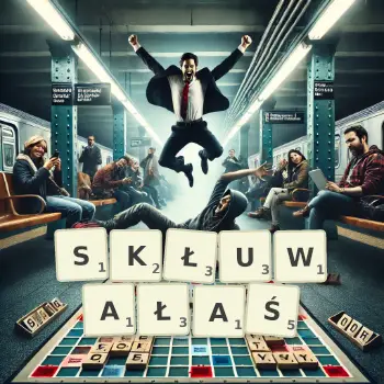 Kreatywna ilustracja do gry w Scrabble ze słowem SKŁUWAŁAŚ ułożonym z płytek na planszy.