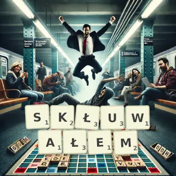 Kreatywna ilustracja do gry w Scrabble ze słowem SKŁUWAŁEM ułożonym z płytek na planszy.