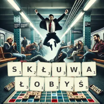 Kreatywna ilustracja do gry w Scrabble ze słowem SKŁUWAŁOBYŚ ułożonym z płytek na planszy.