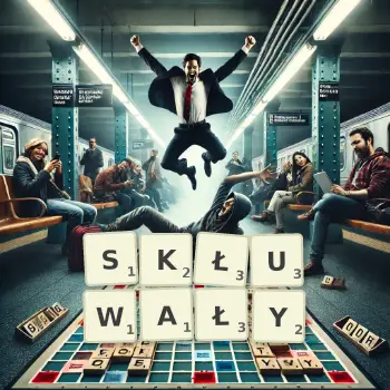 Kreatywna ilustracja do gry w Scrabble ze słowem SKŁUWAŁY ułożonym z płytek na planszy.