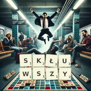 Kreatywna ilustracja do gry w Scrabble ze słowem SKŁUWSZY ułożonym z płytek na planszy.
