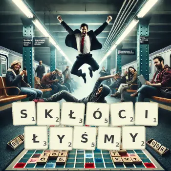 Kreatywna ilustracja do gry w Scrabble ze słowem SKŁÓCIŁYŚMY ułożonym z płytek na planszy.
