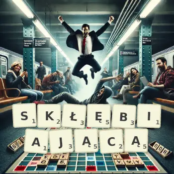 Kreatywna ilustracja do gry w Scrabble ze słowem SKŁĘBIAJĄCĄ ułożonym z płytek na planszy.