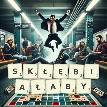 Kreatywna ilustracja do gry w Scrabble ze słowem SKŁĘBIAŁABY ułożonym z płytek na planszy.