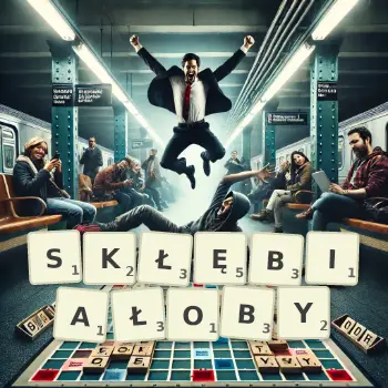 Kreatywna ilustracja do gry w Scrabble ze słowem SKŁĘBIAŁOBY ułożonym z płytek na planszy.