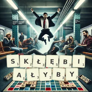 Kreatywna ilustracja do gry w Scrabble ze słowem SKŁĘBIAŁYBY ułożonym z płytek na planszy.