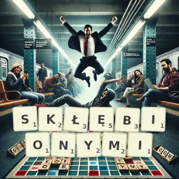 Kreatywna ilustracja do gry w Scrabble ze słowem SKŁĘBIONYMI ułożonym z płytek na planszy.