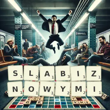 Kreatywna ilustracja do gry w Scrabble ze słowem SLABIZNOWYMI ułożonym z płytek na planszy.