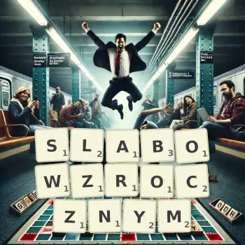 Kreatywna ilustracja do gry w Scrabble ze słowem SLABOWZROCZNYM ułożonym z płytek na planszy.