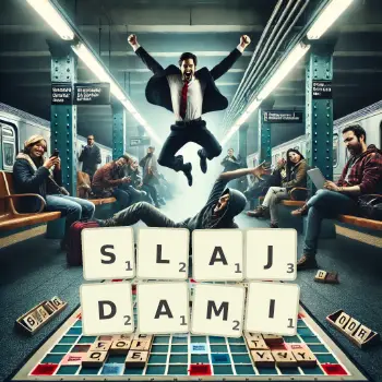 Kreatywna ilustracja do gry w Scrabble ze słowem SLAJDAMI ułożonym z płytek na planszy.