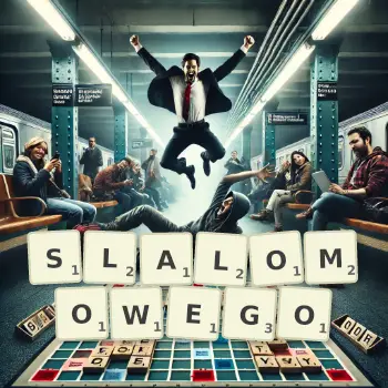 Kreatywna ilustracja do gry w Scrabble ze słowem SLALOMOWEGO ułożonym z płytek na planszy.