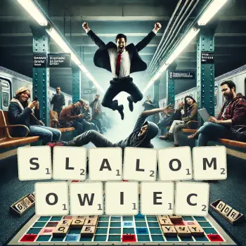 Kreatywna ilustracja do gry w Scrabble ze słowem SLALOMOWIEC ułożonym z płytek na planszy.