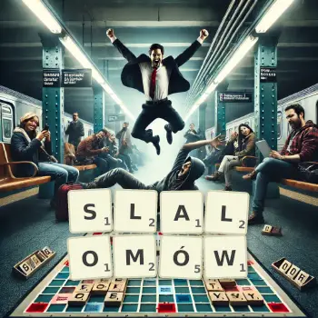 Kreatywna ilustracja do gry w Scrabble ze słowem SLALOMÓW ułożonym z płytek na planszy.