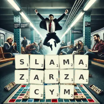 Kreatywna ilustracja do gry w Scrabble ze słowem SLAMAZARZACYM ułożonym z płytek na planszy.