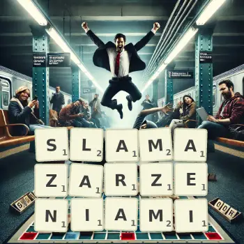 Kreatywna ilustracja do gry w Scrabble ze słowem SLAMAZARZENIAMI ułożonym z płytek na planszy.