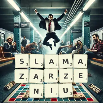 Kreatywna ilustracja do gry w Scrabble ze słowem SLAMAZARZENIU ułożonym z płytek na planszy.