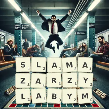 Kreatywna ilustracja do gry w Scrabble ze słowem SLAMAZARZYLABYM ułożonym z płytek na planszy.