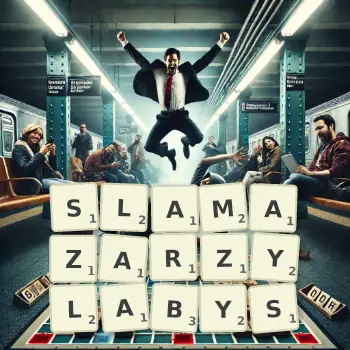 Kreatywna ilustracja do gry w Scrabble ze słowem SLAMAZARZYLABYS ułożonym z płytek na planszy.