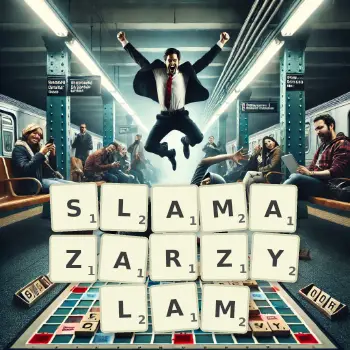 Kreatywna ilustracja do gry w Scrabble ze słowem SLAMAZARZYLAM ułożonym z płytek na planszy.