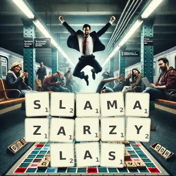 Kreatywna ilustracja do gry w Scrabble ze słowem SLAMAZARZYLAS ułożonym z płytek na planszy.