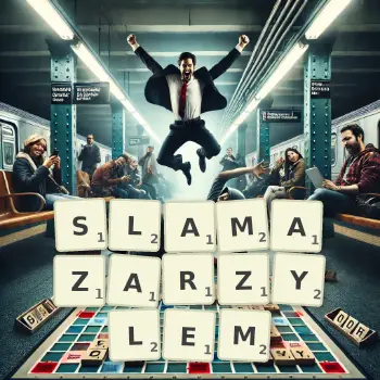 Kreatywna ilustracja do gry w Scrabble ze słowem SLAMAZARZYLEM ułożonym z płytek na planszy.