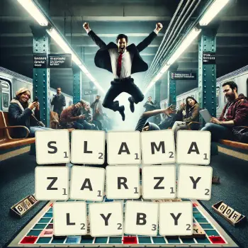 Kreatywna ilustracja do gry w Scrabble ze słowem SLAMAZARZYLYBY ułożonym z płytek na planszy.