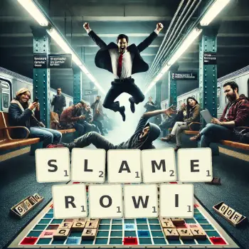 Kreatywna ilustracja do gry w Scrabble ze słowem SLAMEROWI ułożonym z płytek na planszy.