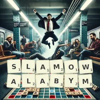 Kreatywna ilustracja do gry w Scrabble ze słowem SLAMOWALABYM ułożonym z płytek na planszy.
