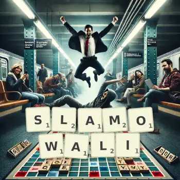 Kreatywna ilustracja do gry w Scrabble ze słowem SLAMOWALI ułożonym z płytek na planszy.