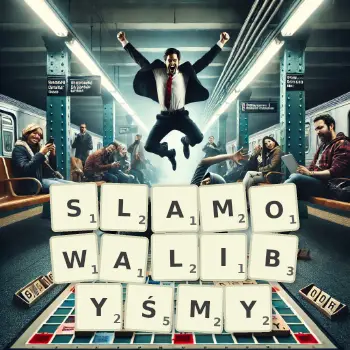 Kreatywna ilustracja do gry w Scrabble ze słowem SLAMOWALIBYŚMY ułożonym z płytek na planszy.