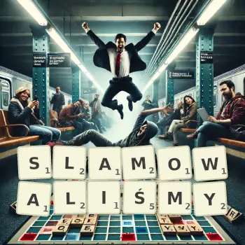 Kreatywna ilustracja do gry w Scrabble ze słowem SLAMOWALIŚMY ułożonym z płytek na planszy.