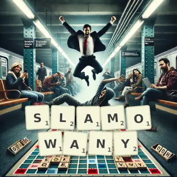 Kreatywna ilustracja do gry w Scrabble ze słowem SLAMOWANY ułożonym z płytek na planszy.