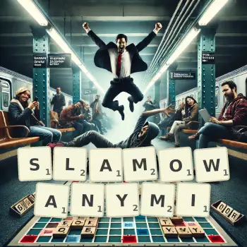 Kreatywna ilustracja do gry w Scrabble ze słowem SLAMOWANYMI ułożonym z płytek na planszy.