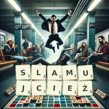 Kreatywna ilustracja do gry w Scrabble ze słowem SLAMUJCIEŻ ułożonym z płytek na planszy.