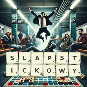 Kreatywna ilustracja do gry w Scrabble ze słowem SLAPSTICKOWY ułożonym z płytek na planszy.