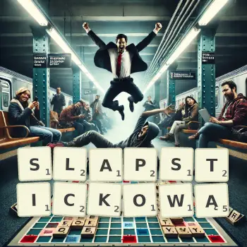 Kreatywna ilustracja do gry w Scrabble ze słowem SLAPSTICKOWĄ ułożonym z płytek na planszy.