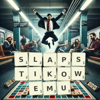 Kreatywna ilustracja do gry w Scrabble ze słowem SLAPSTIKOWEMU ułożonym z płytek na planszy.