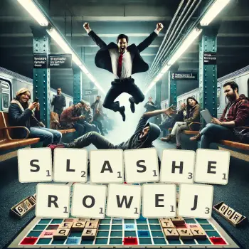 Kreatywna ilustracja do gry w Scrabble ze słowem SLASHEROWEJ ułożonym z płytek na planszy.