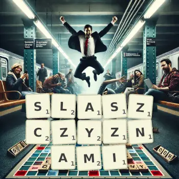 Kreatywna ilustracja do gry w Scrabble ze słowem SLASZCZYZNAMI ułożonym z płytek na planszy.