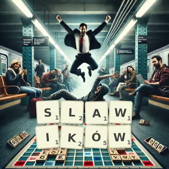 Kreatywna ilustracja do gry w Scrabble ze słowem SLAWIKÓW ułożonym z płytek na planszy.