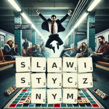 Kreatywna ilustracja do gry w Scrabble ze słowem SLAWISTYCZNYM ułożonym z płytek na planszy.