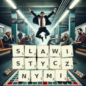 Kreatywna ilustracja do gry w Scrabble ze słowem SLAWISTYCZNYMI ułożonym z płytek na planszy.