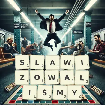 Kreatywna ilustracja do gry w Scrabble ze słowem SLAWIZOWALIŚMY ułożonym z płytek na planszy.