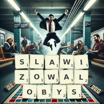 Kreatywna ilustracja do gry w Scrabble ze słowem SLAWIZOWALOBYS ułożonym z płytek na planszy.