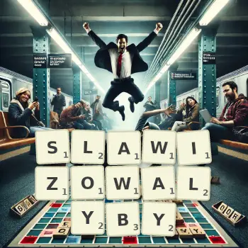 Kreatywna ilustracja do gry w Scrabble ze słowem SLAWIZOWALYBY ułożonym z płytek na planszy.