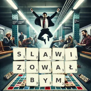 Kreatywna ilustracja do gry w Scrabble ze słowem SLAWIZOWAŁBYM ułożonym z płytek na planszy.